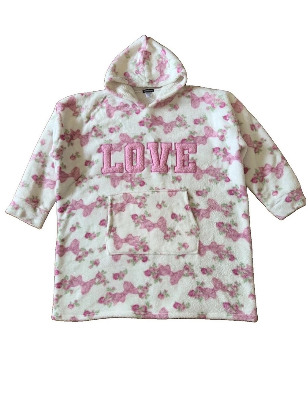 Oversized Blanket Hoodie Sherpa One Size Plush Soft Comfy Love Bow Print White